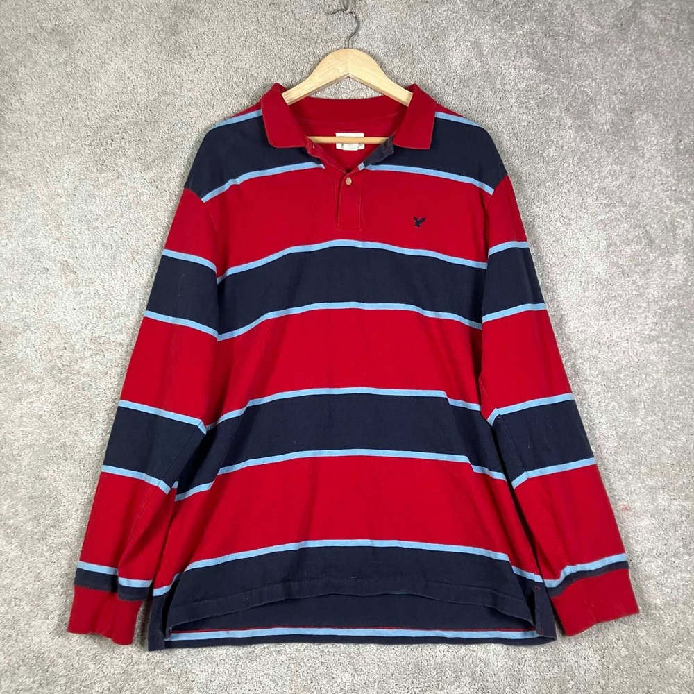 American Eagle Polo Shirt Mens XL Red Striped Long Sleeve Rugby Style Y2k